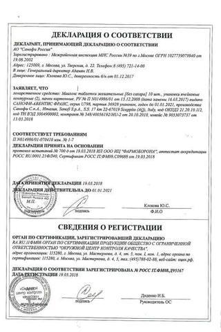 Сертификат Маалокс таблетки жевательные без сахара 20 шт