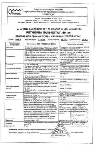 Сертификат Ретинола пальмитат раствор 100000МЕ/ мл фл. 50 мл