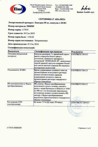 Сертификат Зонегран капсулы 50 мг 28 шт