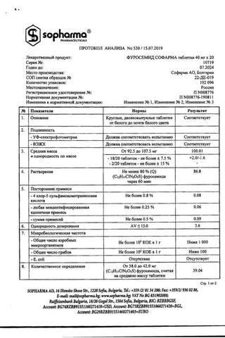 Сертификат Фуросемид Софарма таблетки 40 мг 20 шт