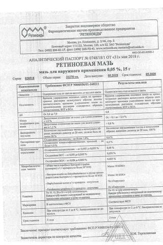 Сертификат Ретиноевая мазь 0,05% туба 15 г 1 шт