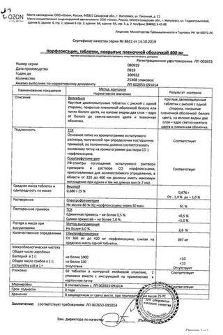 Сертификат Норфлоксацин таблетки 400 мг 20 шт