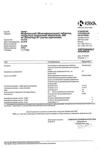 Сертификат Мофлаксия таблетки 400 мг 7 шт