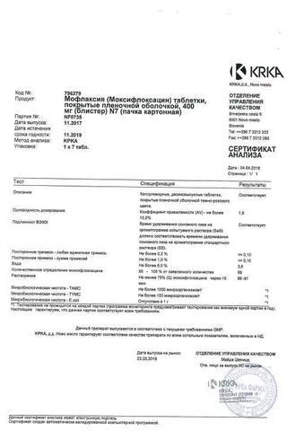 Сертификат Мофлаксия таблетки 400 мг 7 шт