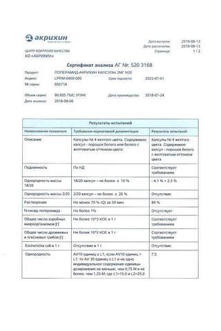 Сертификат Лоперамид-Акрихин капсулы 2 мг 20 шт