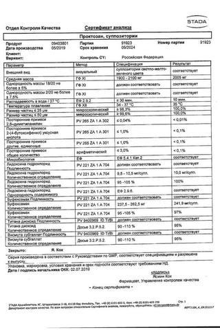 Сертификат Проктозан суппозитории ректальные 10 шт