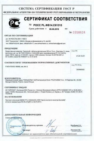 Сертификат Трихопол таблетки вагинальные 500 мг 10 шт
