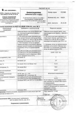Сертификат Амоксициллин таблетки 500 мг 20 шт