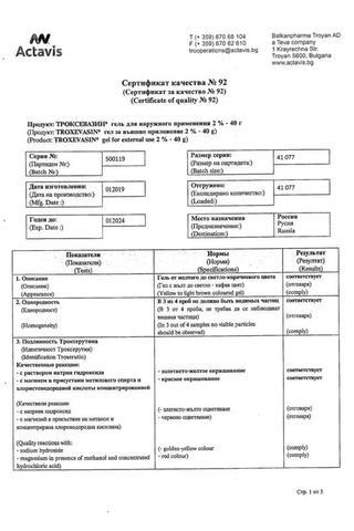 Сертификат Троксевазин гель 2% туба 40 г 1 шт