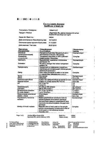 Сертификат Арутимол капли глазные 5 мг/ мл фл.5 мл