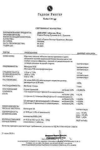 Сертификат Декарис таблетки 50 мг 2 шт