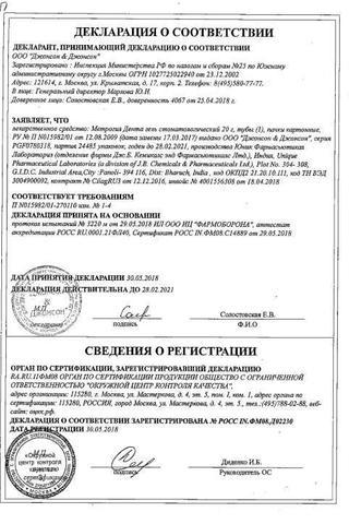 Сертификат Метрогил Дента гель стоматологический 20 г