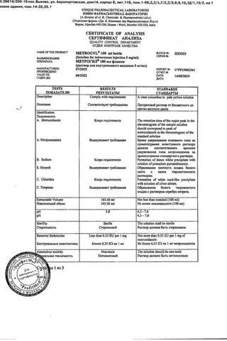 Сертификат Метрогил раствор 5 мг/ мл фл.100 мл 1 шт