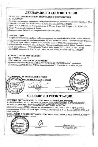 Сертификат Цифран таблетки 500 мг 10 шт