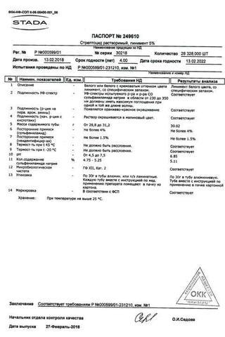 Сертификат Стрептоцид растворимый линимент 5% 30 г 1 шт