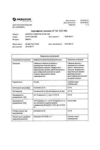 Сертификат Капотен таблетки 25 мг 28 шт