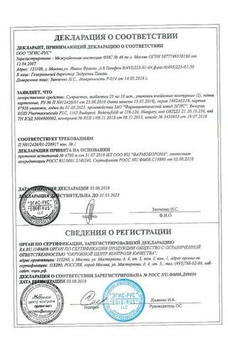 Сертификат Супрастин таблетки 25 мг 20 шт