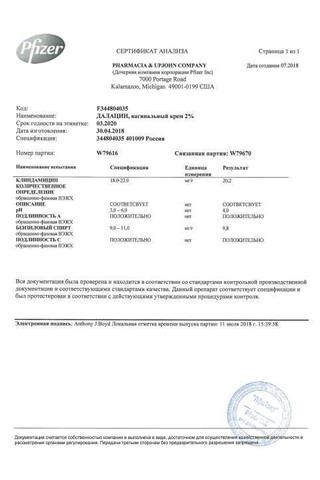 Сертификат Далацин крем вагинальный 2% туба 20 г