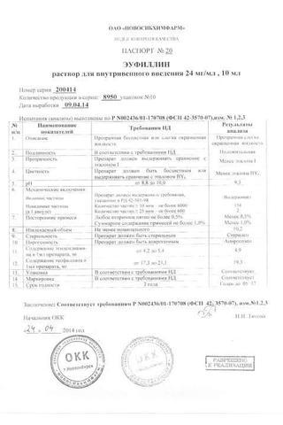 Сертификат Эуфиллин раствор 24 мг/ мл амп.10 мл 10 шт