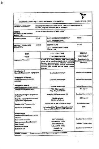 Сертификат Нурофен форте таблетки 400 мг 12 шт