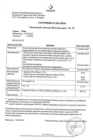Сертификат Гипотиазид таблетки 100 мг 20 шт