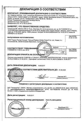Сертификат Гроприносин таблетки 500 мг 50 шт