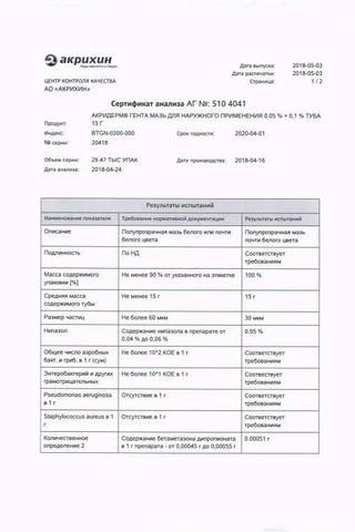 Сертификат Акридерм Гента мазь 0,05%+0,1% туба 15 г