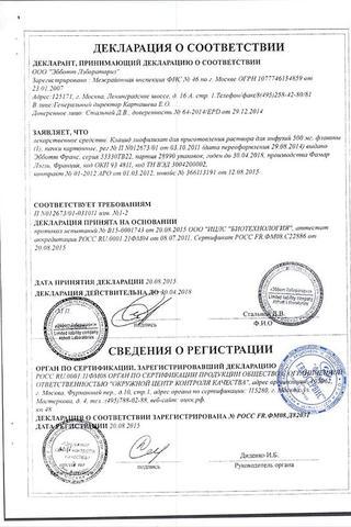 Сертификат Клацид лиофилизат 500 мг