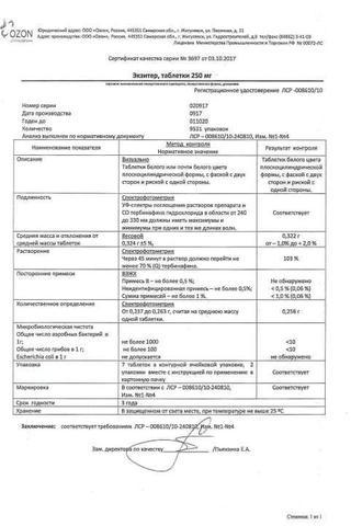 Сертификат Экзитер таблетки 250 мг 14 шт