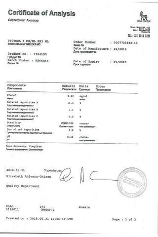 Сертификат Виктоза раствор 6 мг/ мл картр.в шприц-ручке 3 мл 2 шт