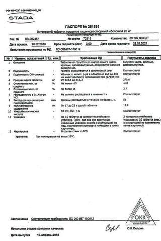 Сертификат Витапрост таблетки 20 мг 20 шт