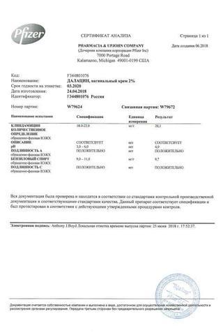 Сертификат Далацин крем вагинальный 2% туба 40 г